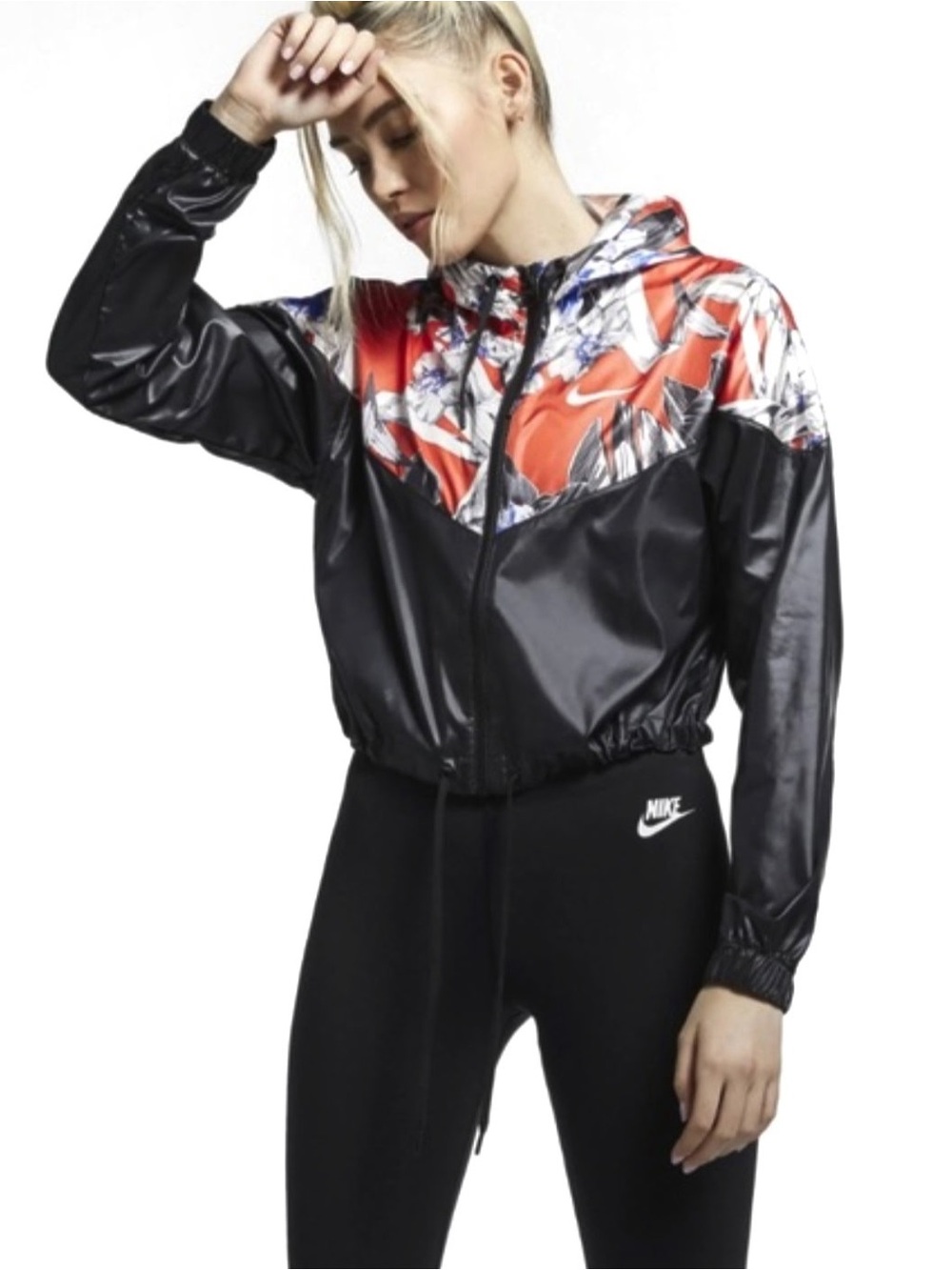 Nike Women's hyper cropred floral red&black full zip hidden jacket size XS